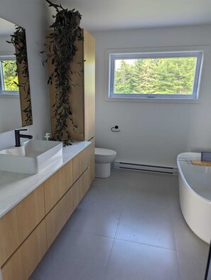 Shower, jetted bath, hair dryer, towels