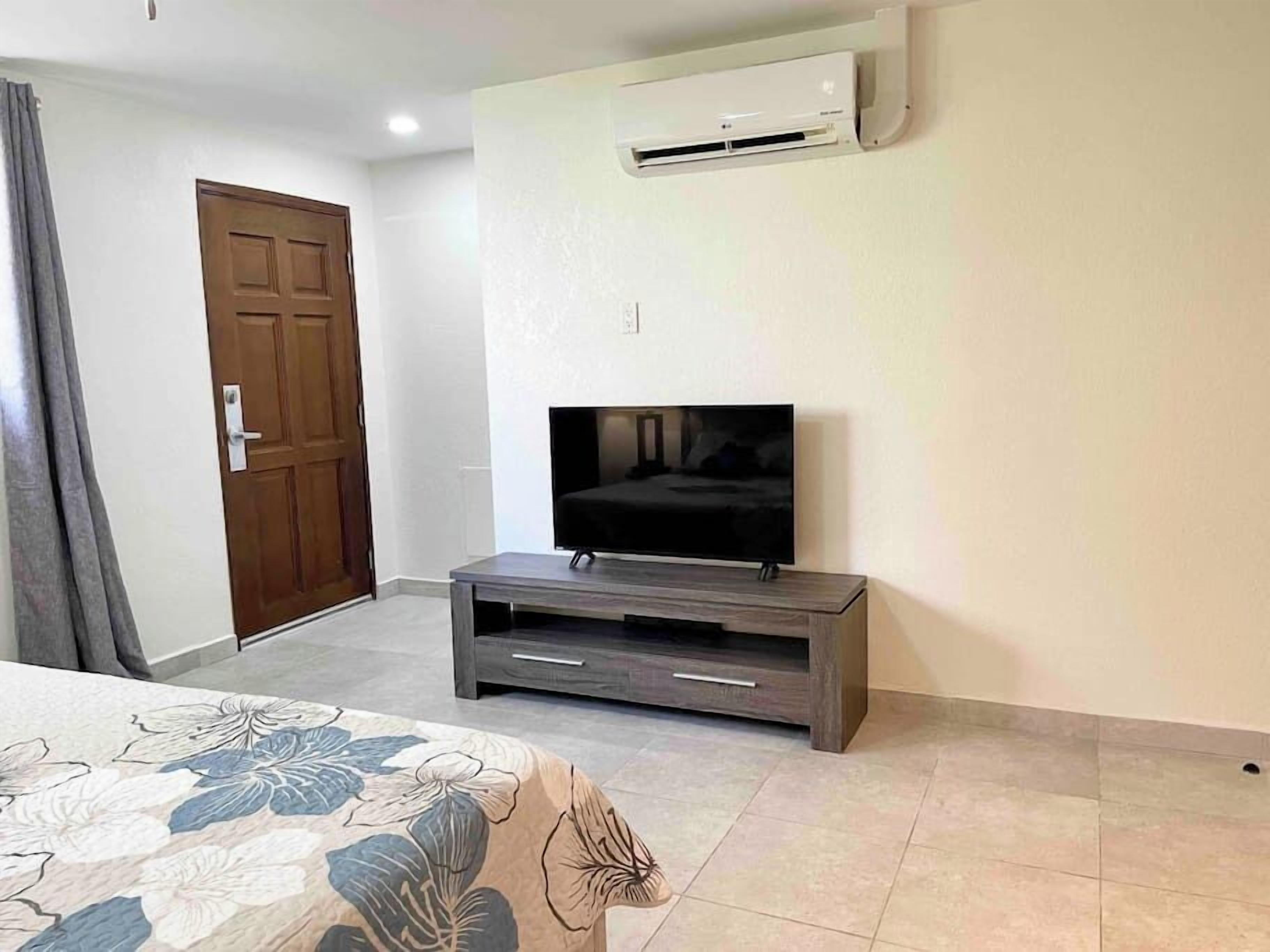 Un dormitorio con una cama, un televisor sobre un mueble de madera, una puerta y un equipo de aire acondicionado en la pared.
