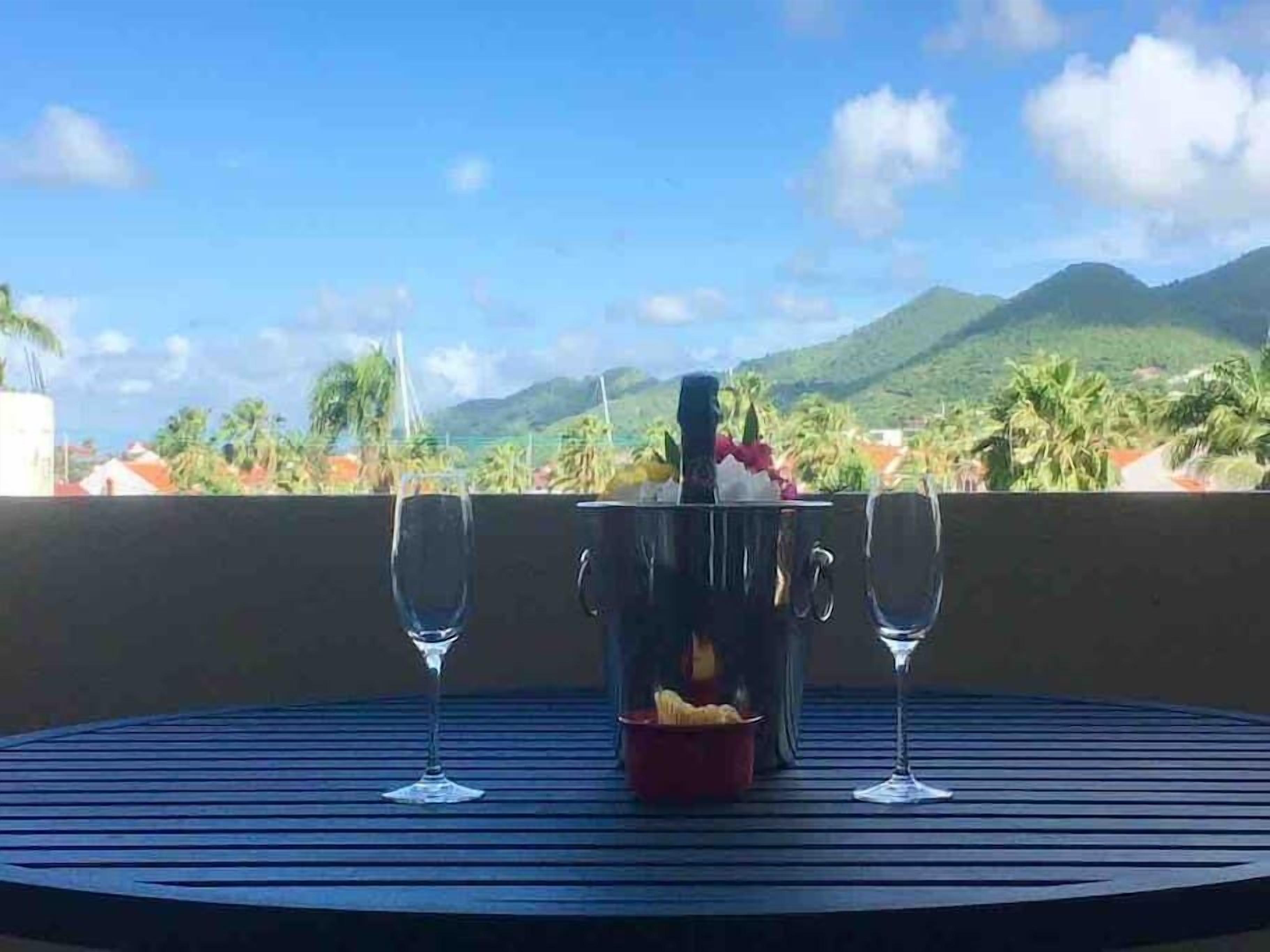 A table with two wine glasses and a bucket of ice, set against a scenic mountain view.