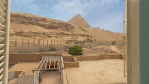 Una vista della Grande Piramide di Giza da una finestra, con un paesaggio sabbioso e un piccolo arbusto verde in primo piano.