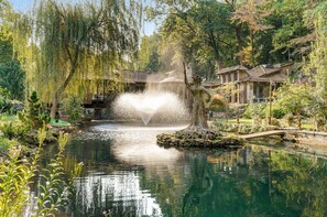 Un jardín tranquilo con un estanque, un puente de piedra y una edificación de madera con diseño tradicional.