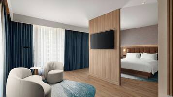 Suite, 1 cama de matrimonio grande con sofá cama, vistas a la ciudad | Sábanas italianas Frette, ropa de cama de alta calidad, minibar