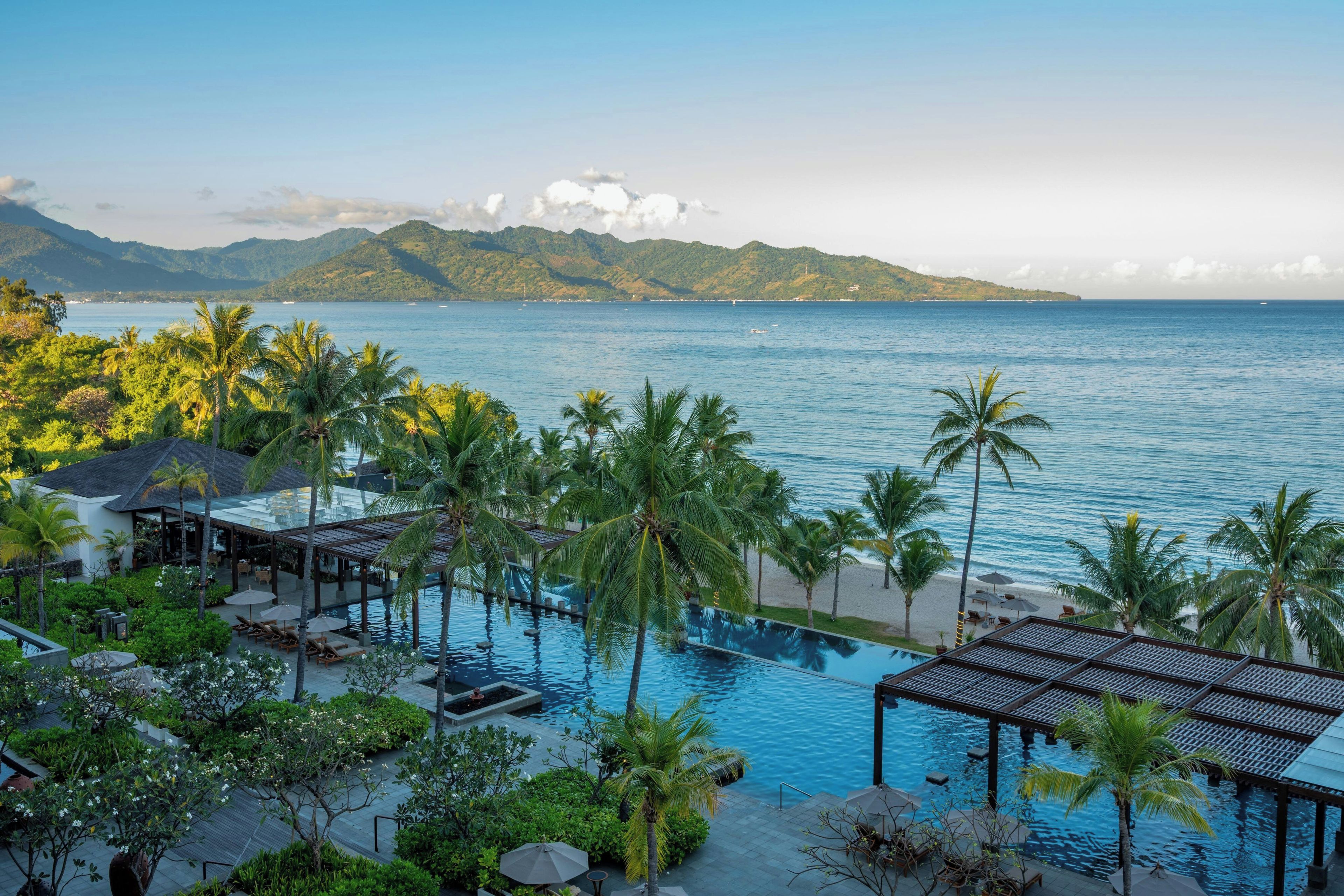 Un resort con piscina, sillas de descanso y palmeras.