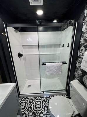 Douche, séchoir à cheveux, serviettes fournies, savon