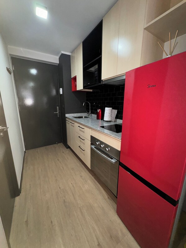 Fridge, microwave, oven, electric kettle