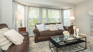 Smart TV, chimenea, libros y oficina