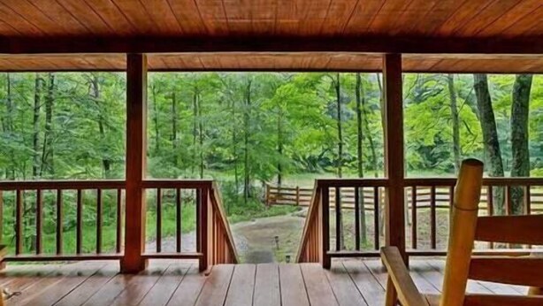 A wooden deck with railings overlooking a forested area. - Redbird Hideaway With Hot Tub (Edmonson County)
