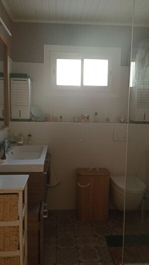 Shower, hair dryer, towels, shampoo