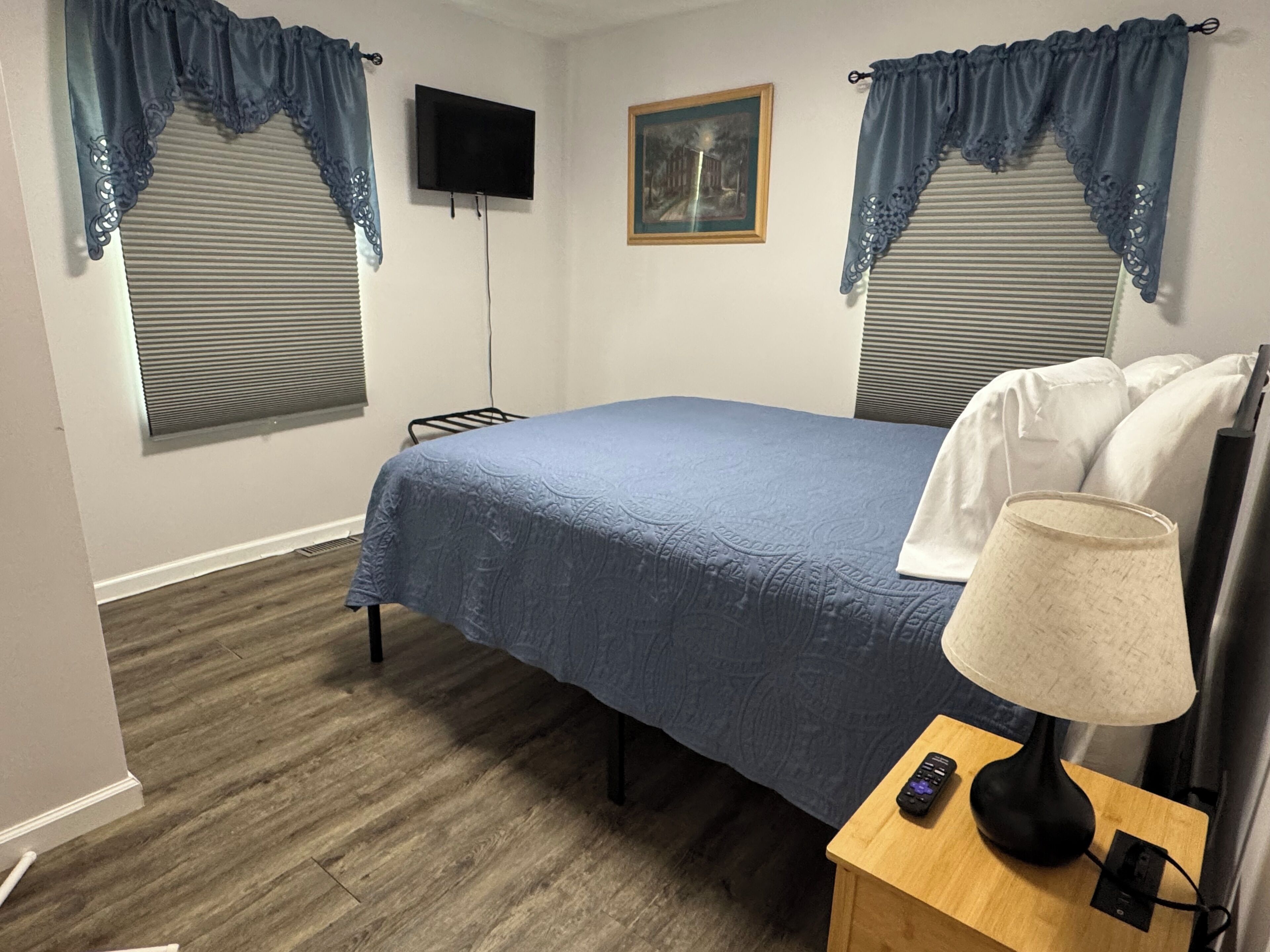 Un dormitorio con cama, televisor, lámpara y un cuadro en la pared.