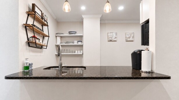 A kitchen with a granite countertop, a stainless steel sink, a black trash can, and a wall-mounted shelf with kitchen items.