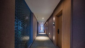 Un largo y estrecho pasillo con piso y paredes de madera, que conduce a una puerta al final.