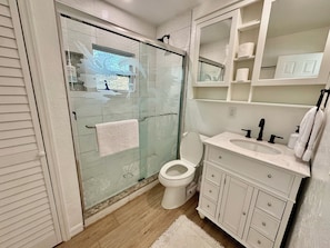 Shower, towels, soap, toilet paper