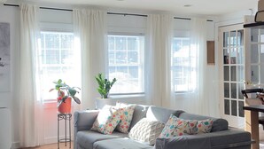 A modern living room with a grey sofa, patterned rug, and a potted plant. - Charming 2-bedroom farmhouse with WiFi and AC in fabulous Bloomington (Bloomington)