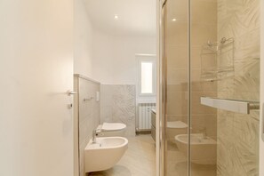 Shower, hair dryer, bidet, towels