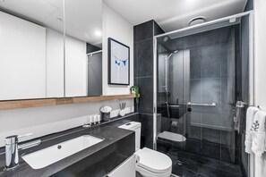 Hair dryer, towels, soap, shampoo