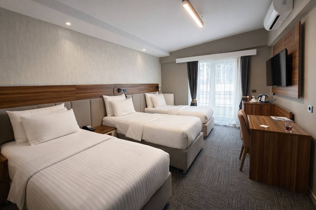 A hotel room with three beds, a desk, a television, and a window with curtains.
