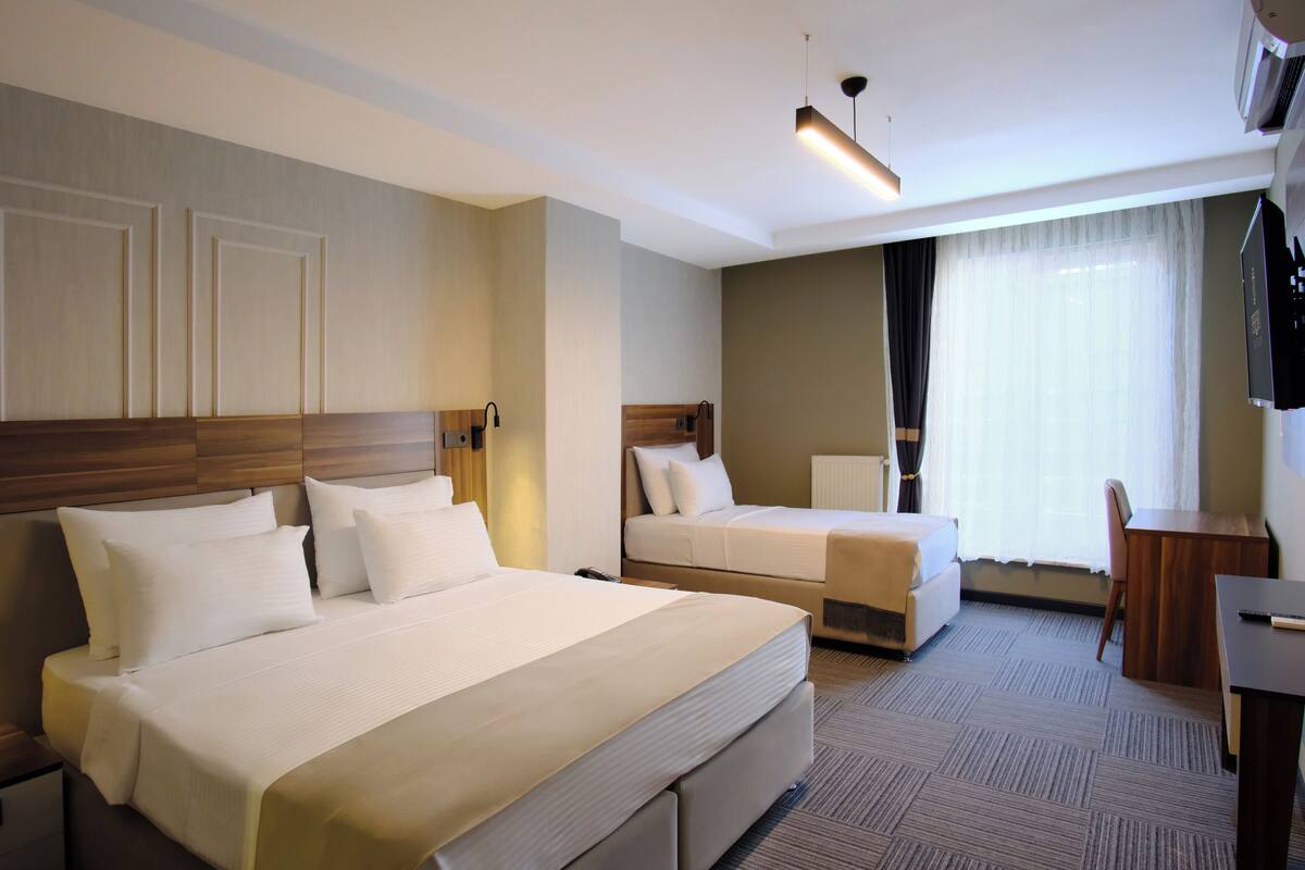A hotel room with a large bed, a smaller bed, a desk, and a TV.