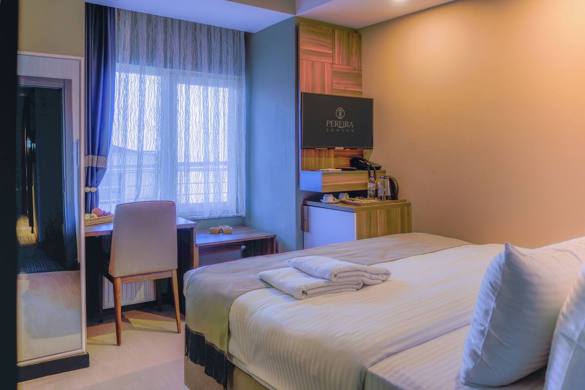 A hotel room with a bed, a desk, a chair, a TV, and a minibar.