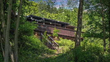 Luxury Cabin, River View | Living room | Video-game console, toys, books, music library