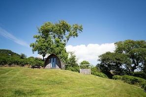 A small cabin with a sloped roof, surrounded by lush greenery and trees, on a grassy hill.
