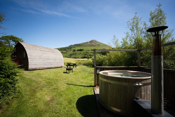 A hot tub, a picnic table, and a wooden structure in a grassy area with a mountain in the background.