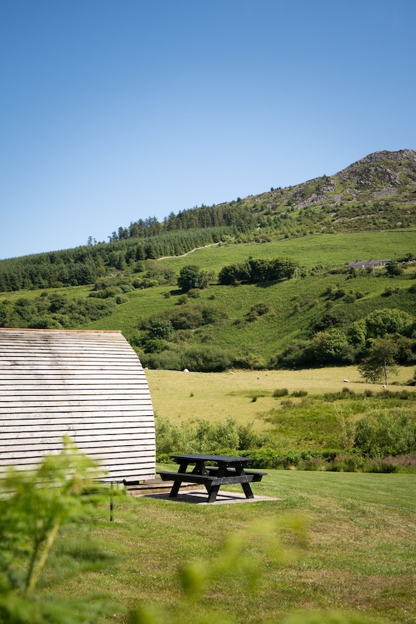 A rustic wooden cabin with a picnic table in a grassy field, surrounded by rolling hills and dense forest.
