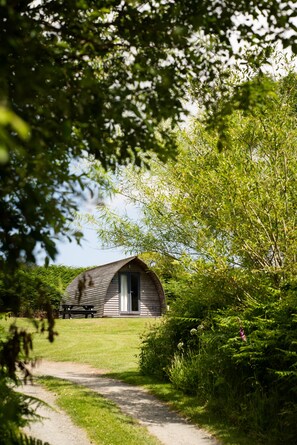 A rustic cabin with a sloped roof, surrounded by lush greenery and a gravel path leading to it.