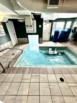 A swimming pool with a tiled floor, a metal handrail, and a door marked "EXIT". - Ski-In/Ski-Out Family Condo with outdoor pool (Beaverdell)