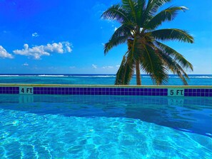 A clear blue pool with a palm tree and ocean view, marked depth indicators, and a tiled edge.