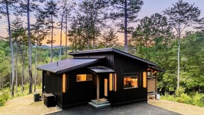 A modern black cabin with a sloped roof, large windows, and a visible kitchen area. - New Modern Design! Treetop Escape! Hot Tub, Fireplace, Fire Pit & Views!! (Sevierville)