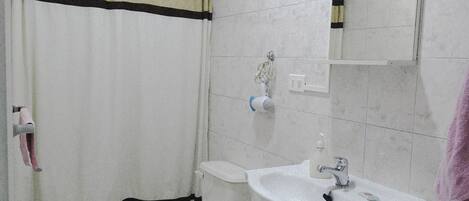 A bathroom with a toilet, sink, and shower curtain.