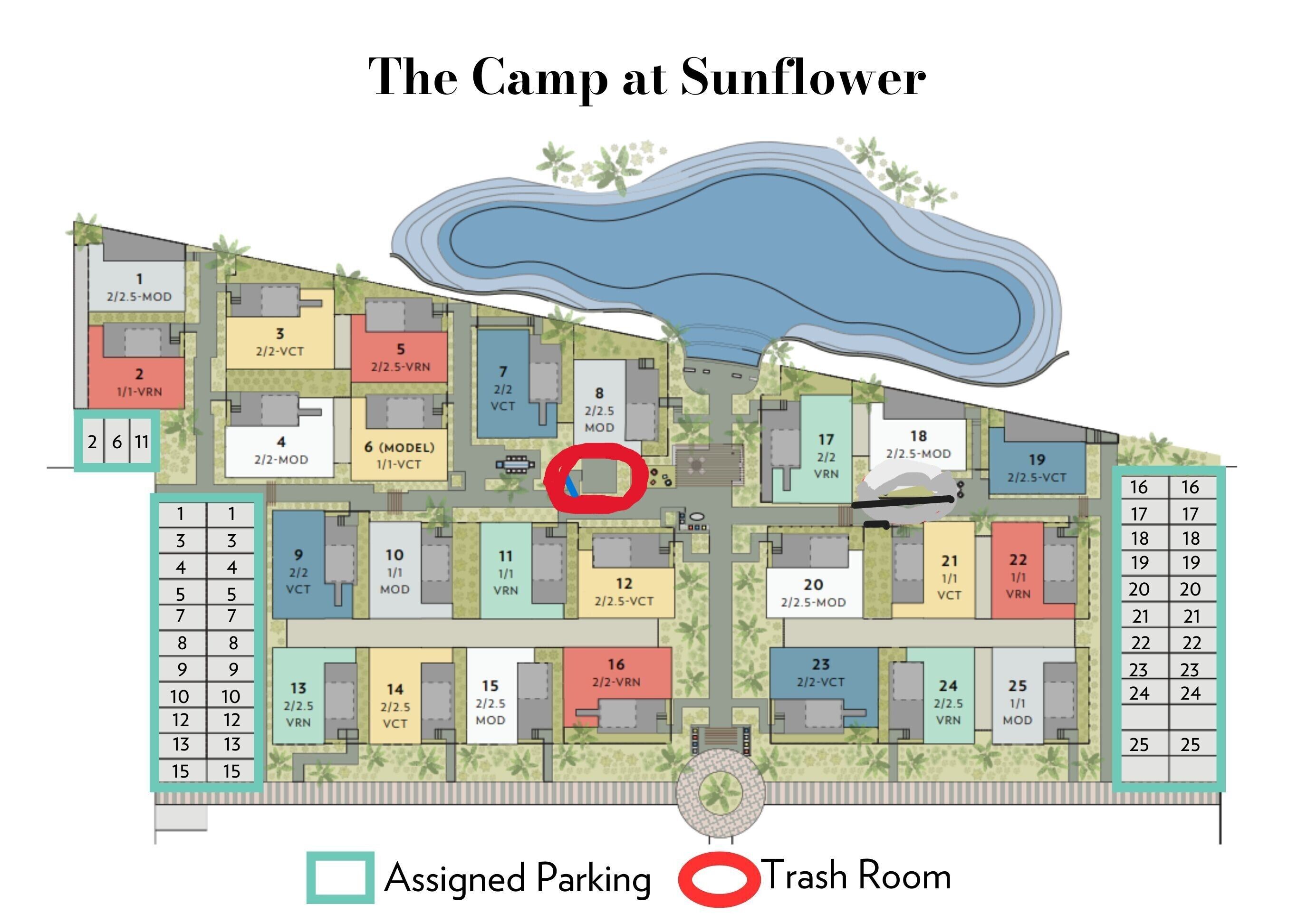 A floor plan of The Camp at Sunflower with assigned parking and a trash room.