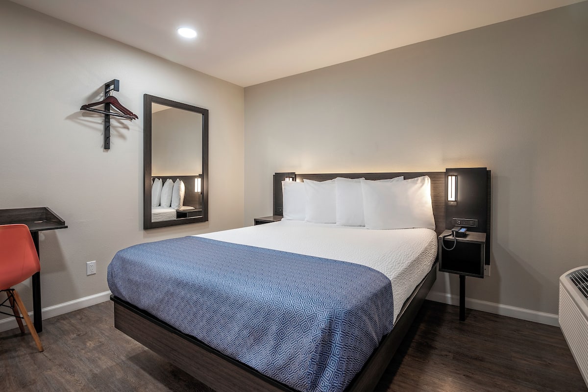 A hotel room with a bed, a desk, a chair, a mirror, and a wall-mounted heater.