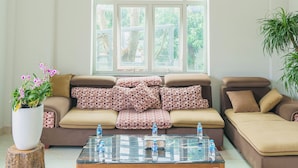 A spacious living room with a large arched window, a sofa set with patterned cushions, a glass coffee table, and a potted plant. - Cuong Anh House (Ho Chi Minh City)