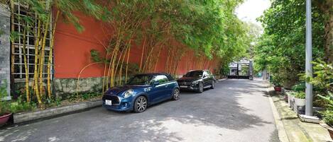 Una calle estrecha bordeada de altos bambúes y automóviles estacionados.