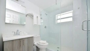 A modern bathroom with a glass-enclosed shower, a white sink with a mirror, and a toilet. - King Studio | Kitchen, Sofa Bed | Rooftop | Beach (Miami beach)