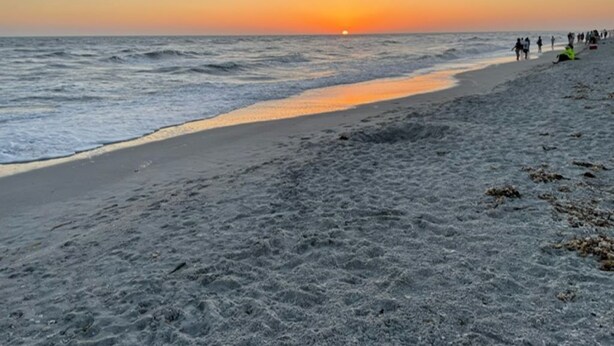 A beach with a sunset, waves, and people walking.
