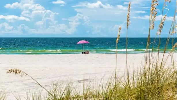 A beach with a clear sky, ocean waves, and a person under a pink umbrella. - Spacious 1 Bedroom Double Apt - Pool, Free Parking, Walk to Beach! (Lauderdale by the sea)