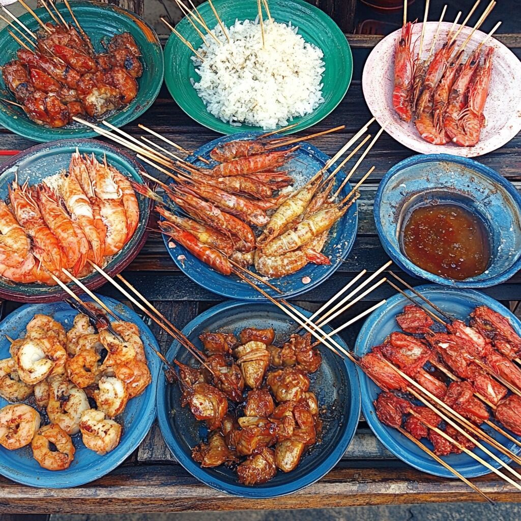 Diverse visgerechten, waaronder satéprikkers met garnalen en gegrilde vis, gepresenteerd op verschillende blauwe borden.