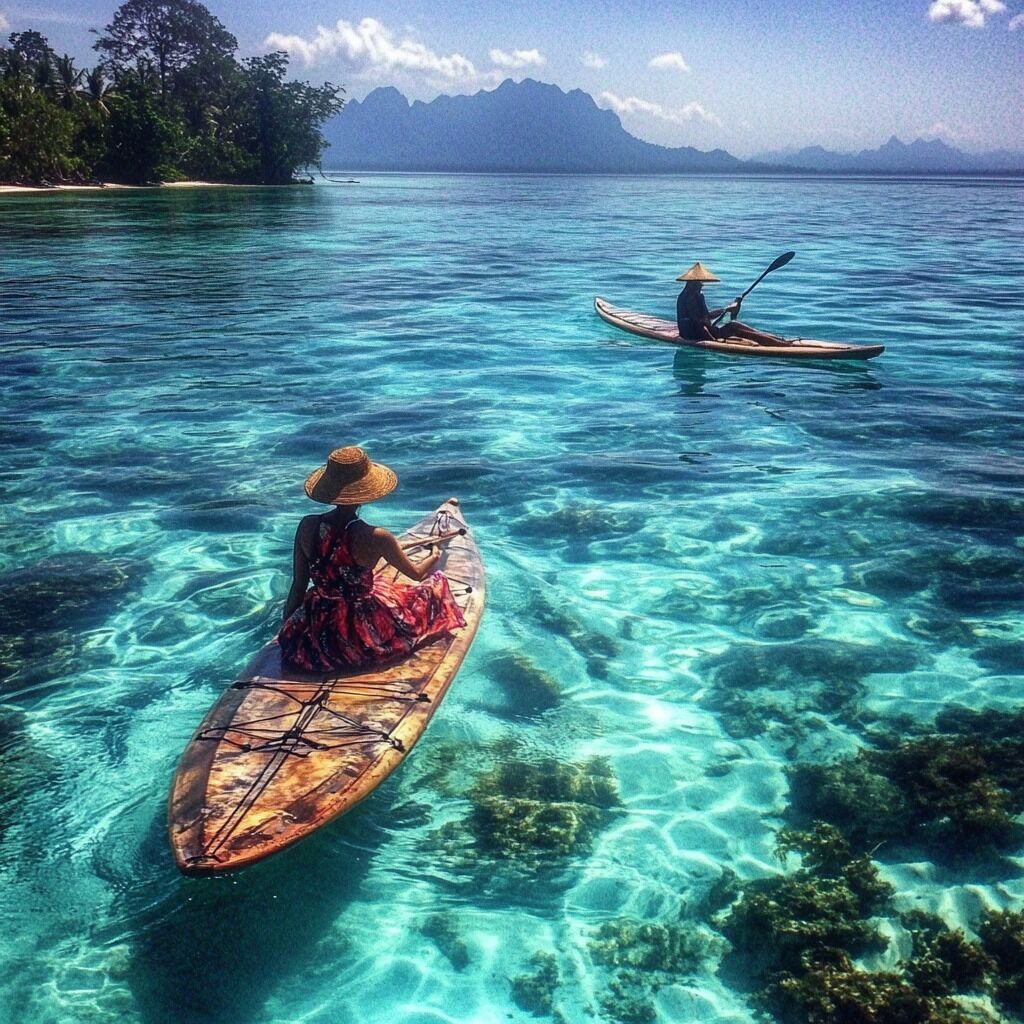 Two canoes on clear turquoise water with a mountainous backdrop.