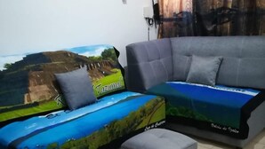 Een kamer met een grijze bank en een bed met een landschap in blauw en groen.