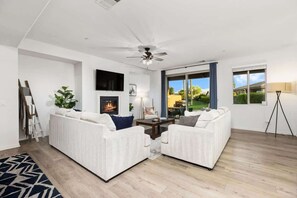 TV, fireplace - Chic Home in Indio Resort w/ Pool, Spa, Golf Views (Indio)