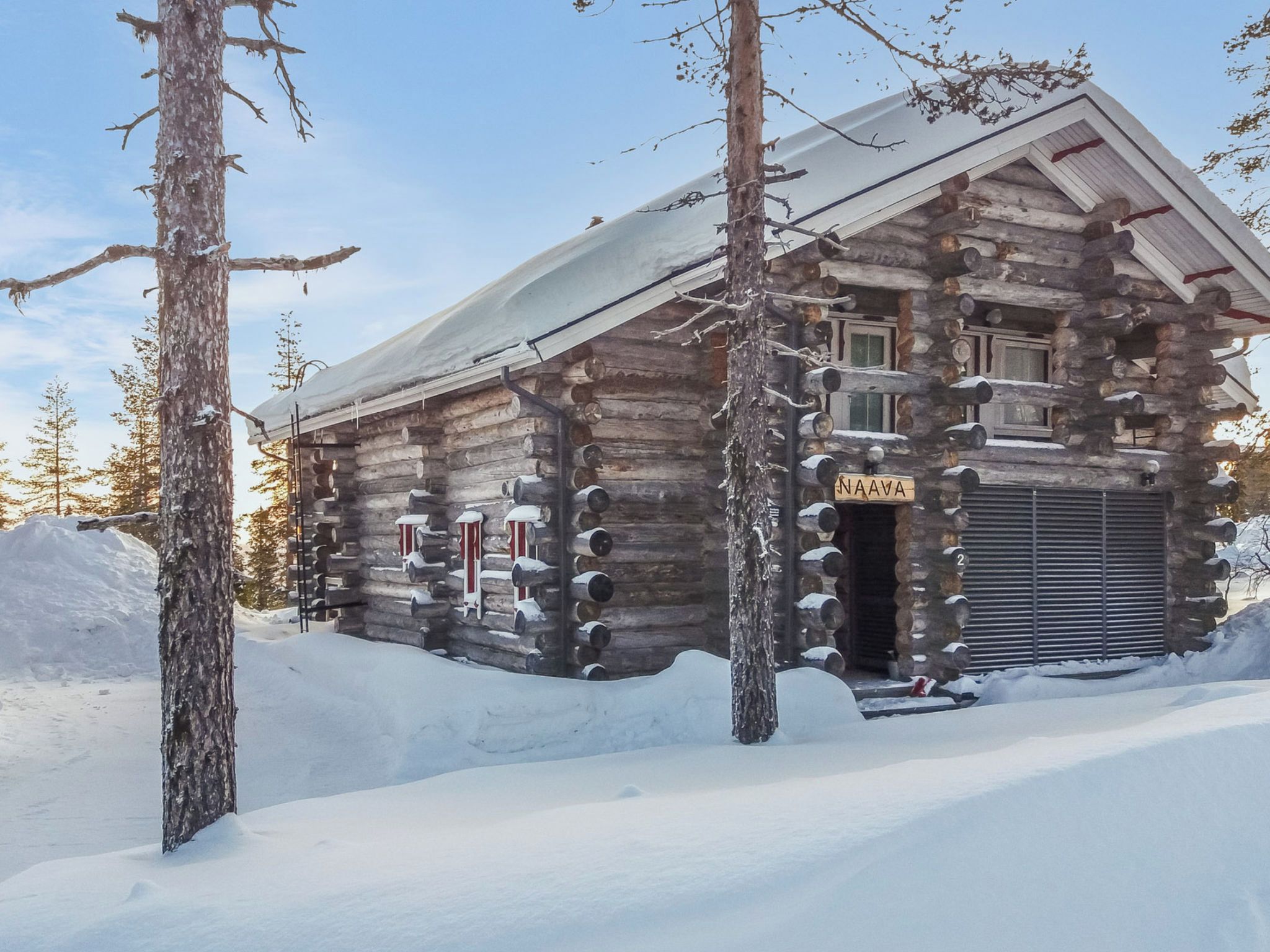 A log cabin with a metal door, surrounded by snow and trees.