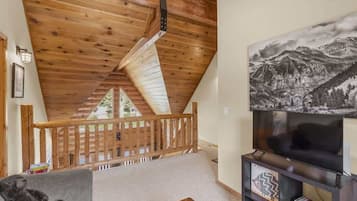 Televisie, een open haard en een kantoor