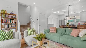 Smart TV, fireplace, books