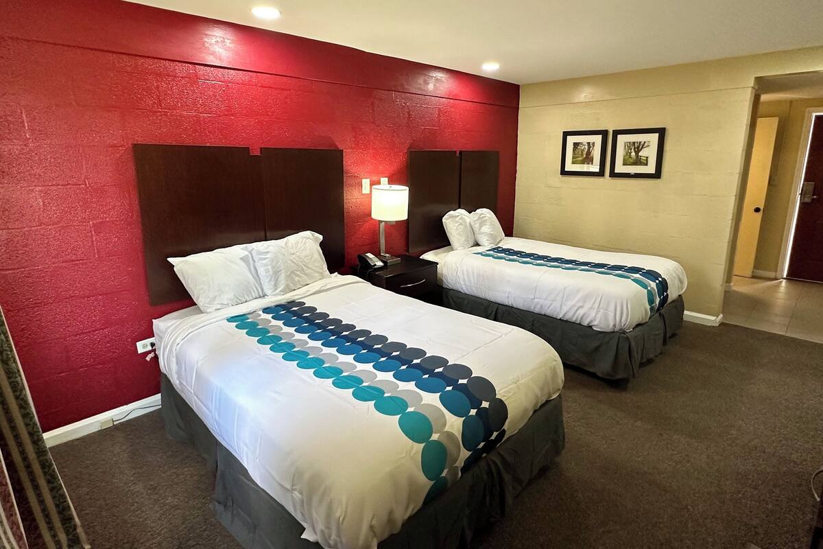 A hotel room with two beds, red walls, and a beige carpet.