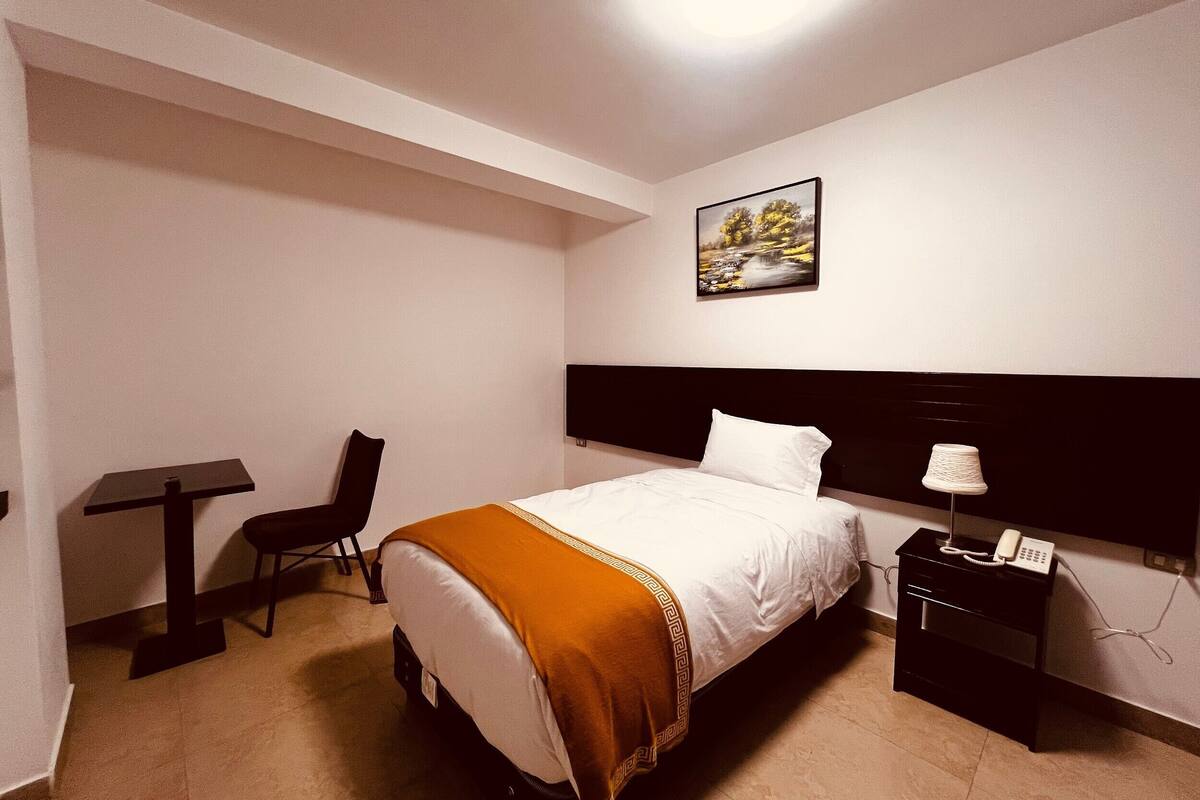 Una habitación de hotel con cama, escritorio, silla, mesita de noche y un cuadro en la pared.