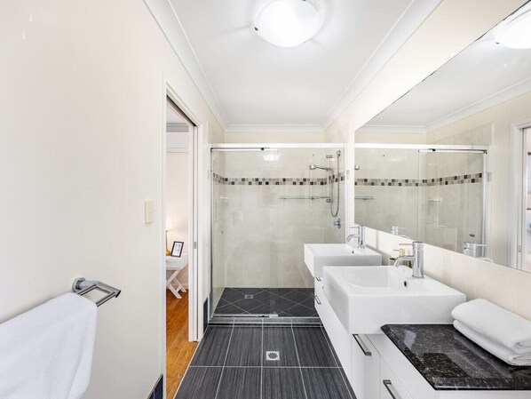 Hair dryer, towels, soap, shampoo