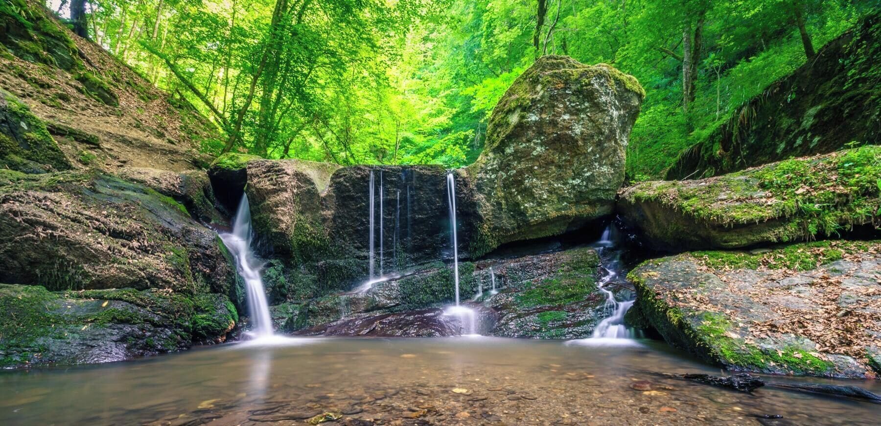 Ein natürlicher Wasserfall, umgeben von üppigem Grünwald.
