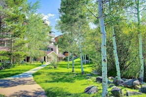 A pathway leading to a building with a sloped roof, surrounded by green grass and trees. - Walk to Mtn w/Hot Tub! Elevator-W/D-Epic Views! (Steamboat Springs)